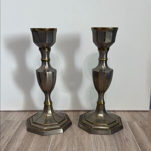 Vintage 2-Tone Brushed Silver Plate Brass Candle Holder